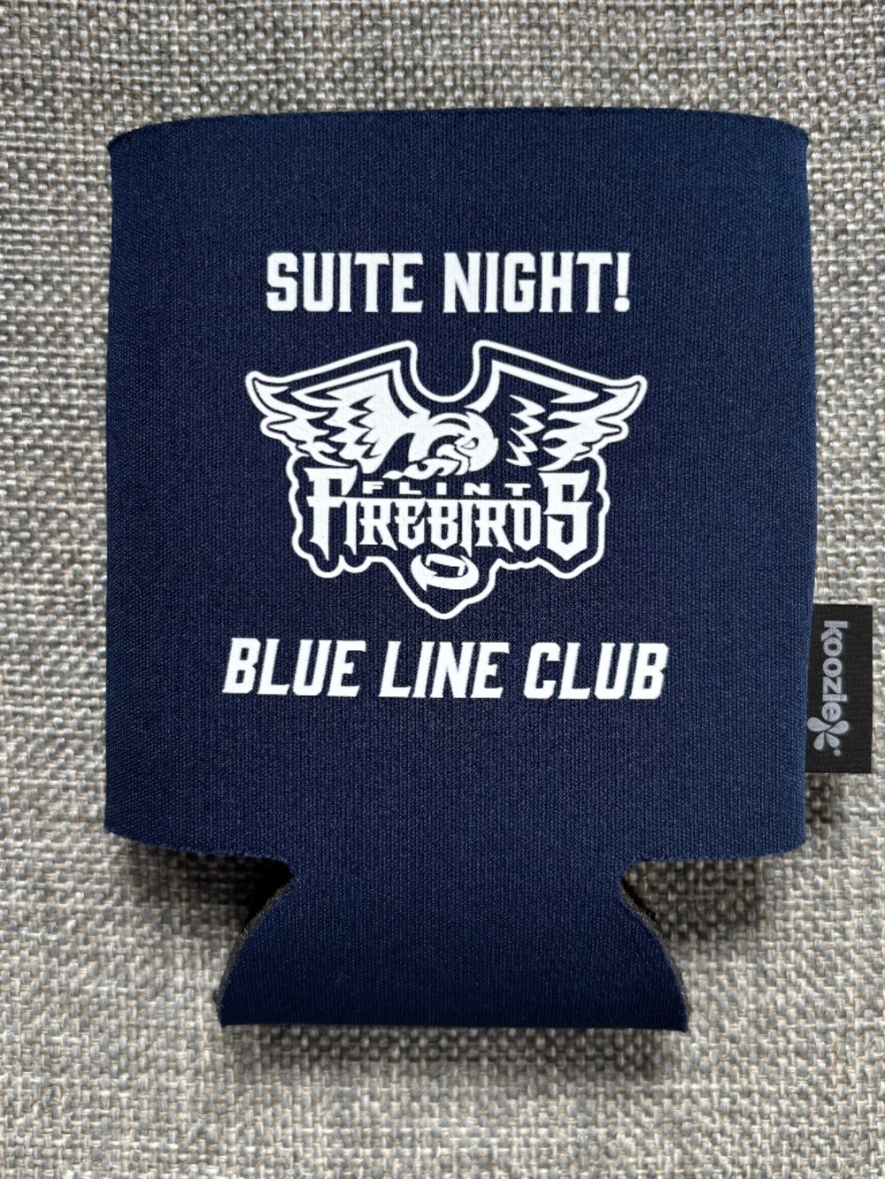Flint Firebirds Koozie Suite Night Blue Line Club OHL Hockey Can Bottle Holder